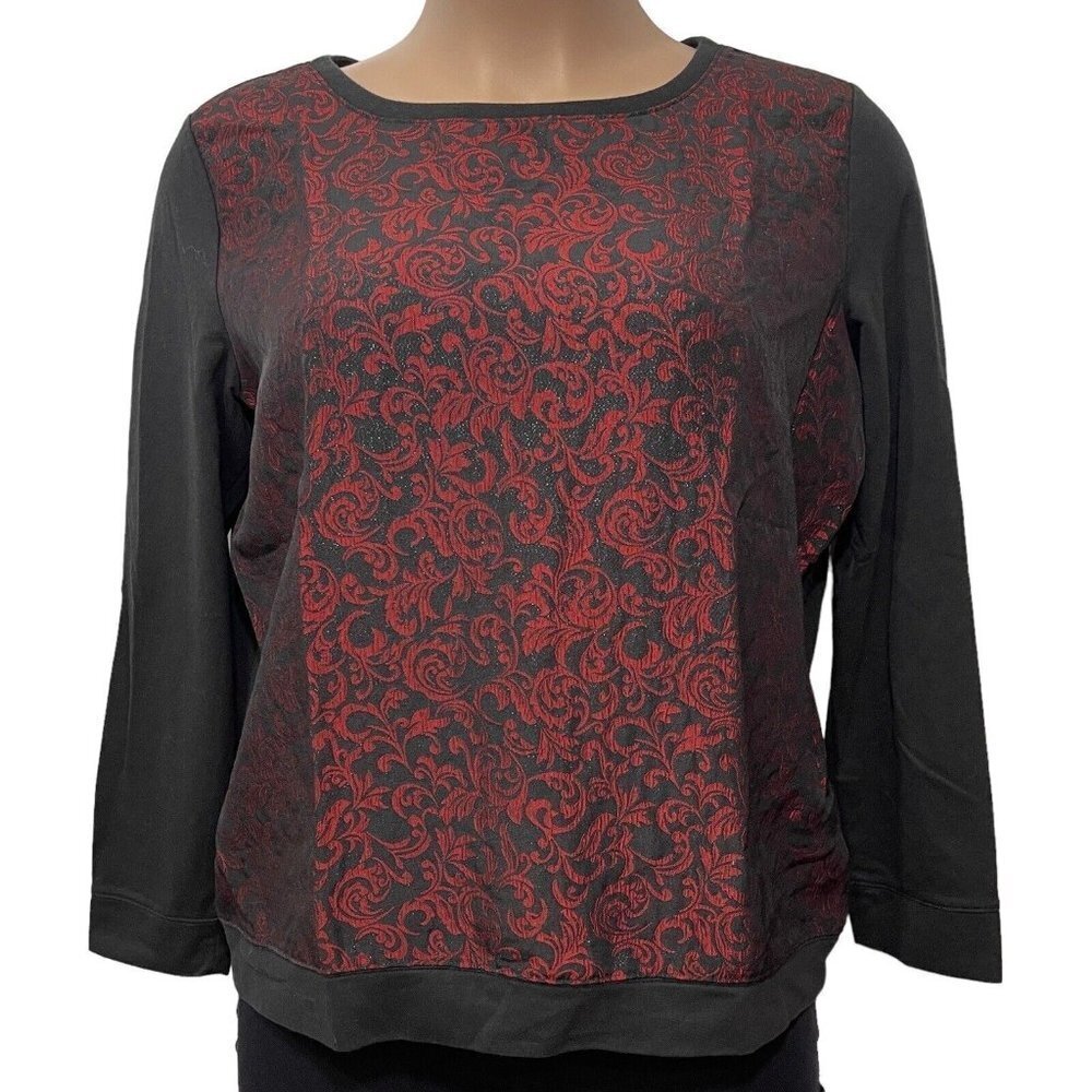 ANN TAYLOR LOFT Black Burgundy Jacquard Pullover Top Women XL Holiday Parties